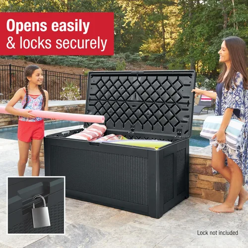 Miniatura 5 de Caja de almacenamiento para exteriores de resina extra grande Rubbermaid (134 galones), resistente a la intemperie, color negro, organización