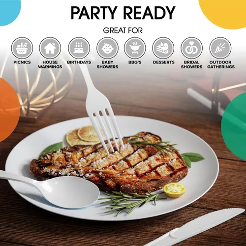 Miniatura 6 de Party Solids Cubiertos de plástico blanco resistentes, 150 piezas desechables de color blanco, juego de utensilios de cocina, 50 de cada tenedor