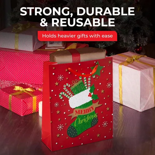 Miniatura 7 de Bolsas de regalo de Navidad – medianas 13 x 10 x 4 pulgadas (paquete de 4) – Bolsas de regalo de papel resistentes con papel de seda, etiqueta y asa