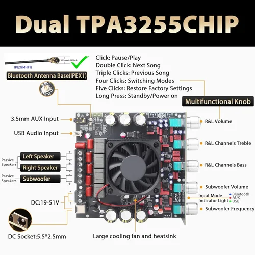 Miniatura 2 de DAJUNGUO S600X Placa de Amplificador de 2.1 Canales 300W+300W+600W de Salida de Potencia, Chip TPA3255, Bluetooth 5.2, Negro