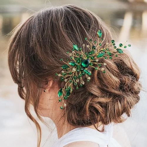 Miniatura 7 de Peine de pelo de novia de cristal verde dorado para novia, accesorios para mujeres y niñas, fotografía de fiesta (verde)