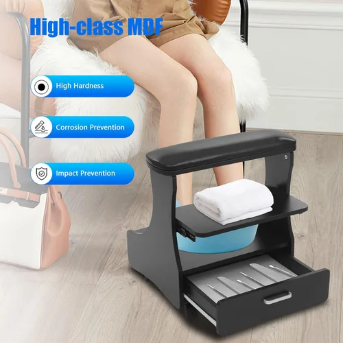 Miniatura 5 de Carrito de pedicura con 4 ruedas con frenos, carrito portátil de spa con cajón práctico, soporte de baño de pies de pedicura, reposapiés de pedicura
