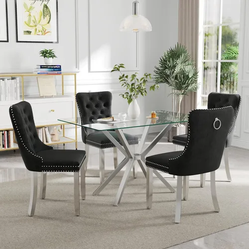Miniatura 16 de Juego de comedor moderno de cristal de lujo de 5 piezas, juego de comedor rectangular minimalista para 4, juego de mesa de cocina de vidrio