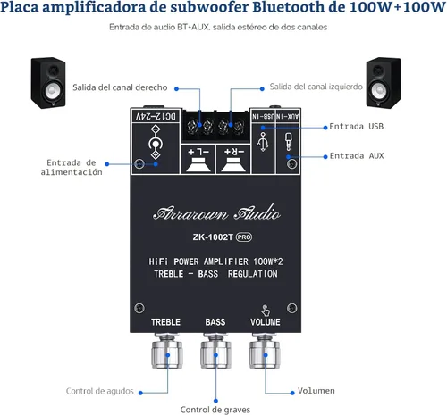 Miniatura 5 de ZK-1002T PRO 2.0 Canal Bluetooth 5.0 Tarjeta Amplificadora 200W HiFi Subwoofer Audio AMP con Agudos y Bajos, Entradas BT USB y AUX, Módulo AMP