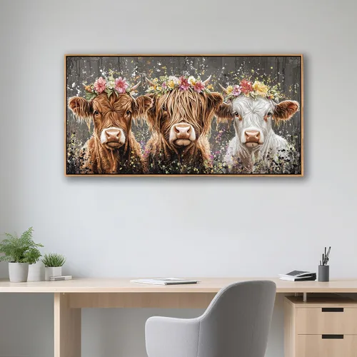 Miniatura 7 de AJAZIKO Arte de Pared de Vaca de las Tierras Altas - Decoración de Pared de Granja y Campo Rústico, Cuadros Grandes en Lienzo para Sala de Estar