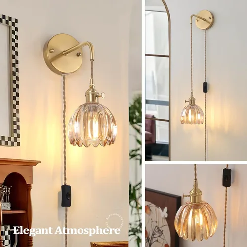 Miniatura 7 de Shenmoyl Candelabro de Pared Operado por Batería con Soporte de Cadena Ajustable, Patrón de Tulipán Verde, Vidrio con Diseño Retro en Oro, Lámpara