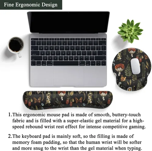 Miniatura 3 de Alfombrilla de ratón con diseño de hongos y plantas, color negro, estética, ergonómica, almohadilla de escritorio con soporte para muñeca, conjunto