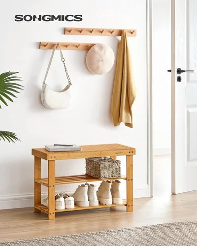 Miniatura 2 de SONGMICS Banco Estante para Zapatos, Organizador de Almacenamiento de Zapatos de Bambú de 3 Niveles, Banco de Entrada, Soporta Hasta 286 lb, 11.3 x