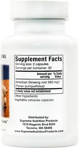 Miniatura 3 de Supreme Nutrition American Ginseng Supreme, 60 cápsulas vegetarianas de raíz de ginseng americano puro