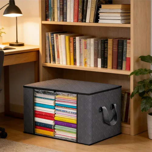 Miniatura 4 de Bolsas de almacenamiento grises de 90 L con tapas, cremallera y ventana transparente, paquete de 3 organizadores plegables grandes de armario