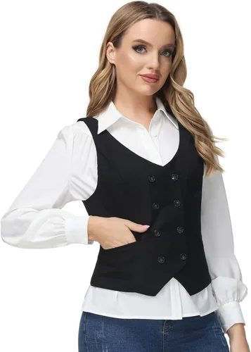 Miniatura 6 de KANCY KOLE Chalecos de moda con doble botonadura para mujer, chaleco elegante, casual, versátil, chaleco vintage con botones, tallas S-XXL