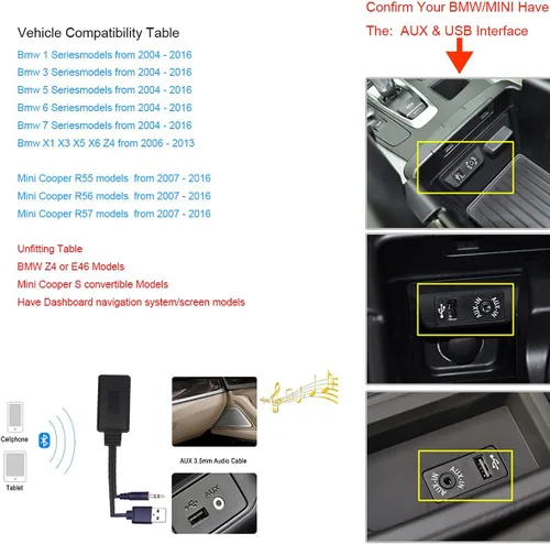 Miniatura 5 de Yoper Compatibilidad con adaptador Bluetooth con BMW Mini Cooper Aux 3.5 teléfono celular Play HiFi Music