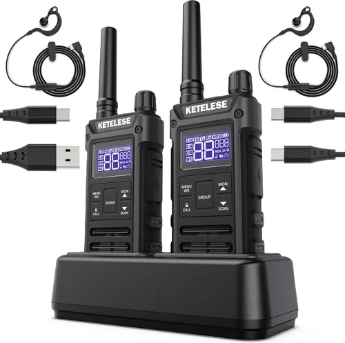 KETELESE T3G Walkie Talkies resistentes para adultos, radio de 2 vías impermeable IP67 de largo alcance, con auricular y micrófono, base de carga
