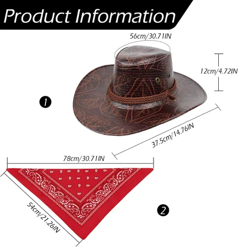 Miniatura 4 de L'VOW Conjunto de sombrero de vaquero retro de piel sintética con bandana para mujeres y hombres, disfraz temático de fiesta