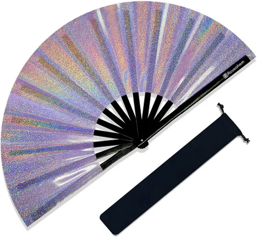 Miniatura 10 de Ventilador grande para rave, ventilador de mano plegable Clack con tela de primera calidad, marco de bambú grueso para hombres y mujeres, regalo