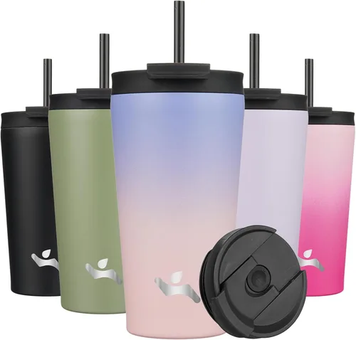 Miniatura 19 de Konokyo Vaso aislado de 18 onzas con tapa y 2 pajillas, botella de agua de acero inoxidable, taza de viaje al vacío, taza de café, color blanco ángel