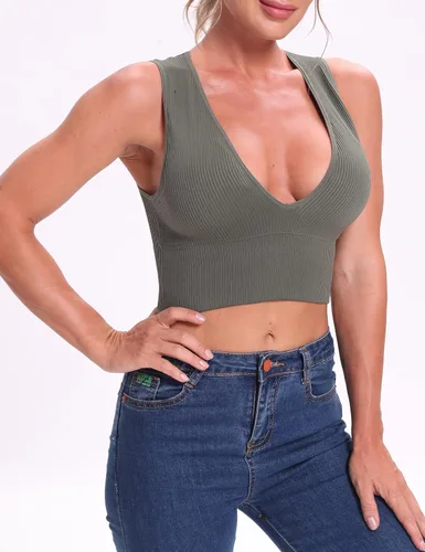 Miniatura 3 de Venbond - Ombliguera sexy sin mangas y costuras para mujeres, camiseta estriada sin mangas, escote profundo y cuello en V, con almohadillas