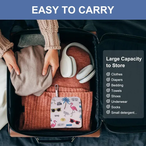Miniatura 7 de Paquete de 2 bolsas de lavandería de viaje con asa y cordón, bolsas plegables expandibles para ropa sucia con gancho y cremallera, 23 x 20 pulgadas