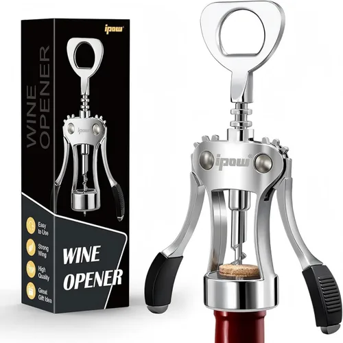 IPOW Abridor de vino, abridor de botellas de vino de aleación de zinc, sacacorchos de ala resistente, tornillo de corcho multifuncional manual para