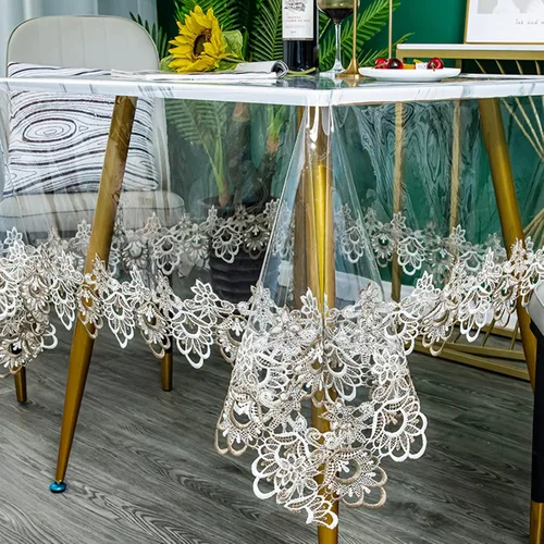 Miniatura 7 de Mantel redondo de plástico transparente, impermeable, de vinilo, PVC, bordado, borde de encaje, transparente, para cocina, uso en exteriores e