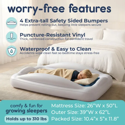 Miniatura 3 de hiccapop Cama inflable de viaje para niños pequeños con parachoques de seguridad [4 lados], cama portátil para niños, colchón de aire para niños