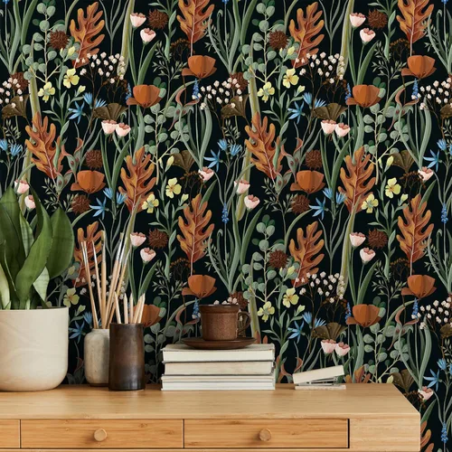 Miniatura 3 de VEELIKE Papel tapiz floral negro para despegar y pegar, papel de contacto floral seco silvestre para armarios, cajones, paredes, 17.7 x 354