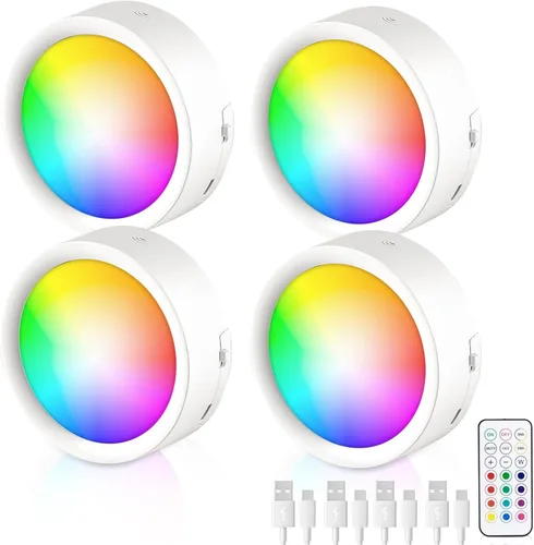 Luces LED de disco de control remoto, paquete de 4 luces LED recargables debajo de la encimera con control remoto funcional, lámpara inalámbrica