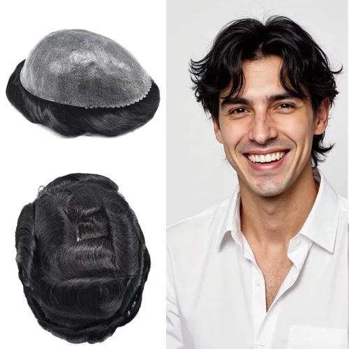 Miniatura 93 de Peluca completa de poliuretano para hombre, sistemas de reemplazo de cabello humano, piel fina y duradera, para hombre, prótesis de cabello