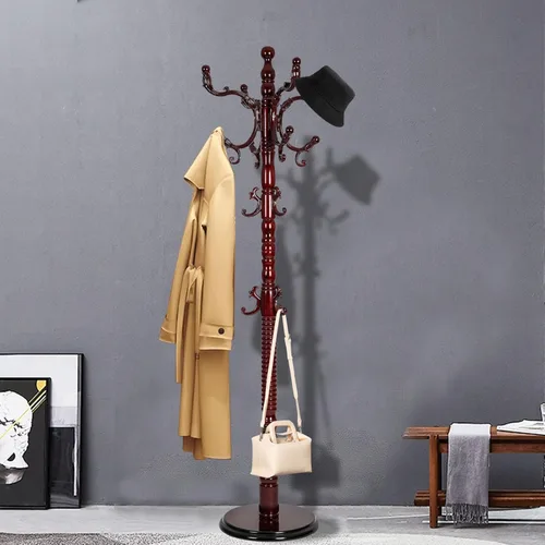 Percheros de pie con 14 ganchos, perchero de madera natural con base redonda sólida, percheros de altura ajustable, fácil montaje para pasillo,