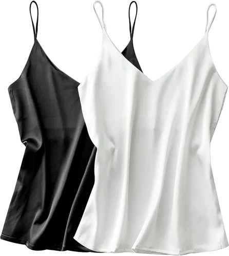 Ekouaer Camiseta sin mangas de satén de seda para mujer cuello en V camiseta sin mangas con tirantes delgados camiseta sin mangas