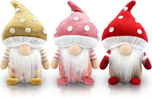 Gehydy Juego de 3 gnomos de primavera, decoración de hongos, verano, Pascua, gnomo, decoración hecha a mano para el hogar, cocina, bandeja escalonada