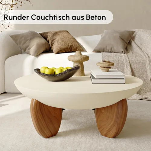 Miniatura 3 de homary - Mesa de café redonda de hormigón con patas premium de madera de nogal y fresno, mesa central de acabado de cemento moderno minimalista