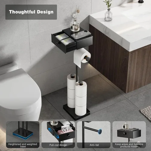 Miniatura 2 de VOLDRA Soporte de papel higiénico con estante, soporte de rollo de papel higiénico negro con cajón de almacenamiento de toallitas, soporte de papel