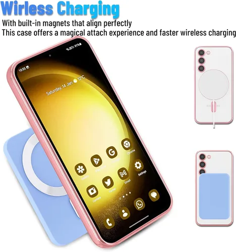Miniatura 2 de Funda magnética para Samsung Galaxy S23, borde galvanizado, parte trasera transparente, funda protectora delgada con protección de cámara, Rosa