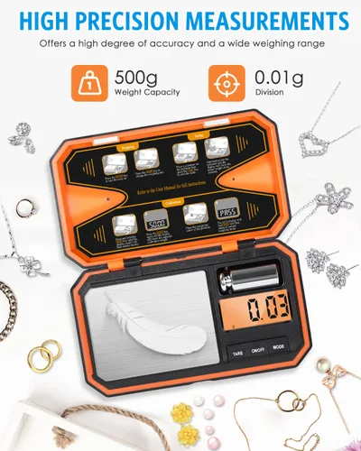 Miniatura 2 de AMIR Báscula digital de bolsillo, báscula de alta precisión de 17.64 oz x 0.00 oz con pantalla LCD, báscula digital de alimentos con función