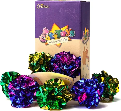 CHIWAVA 24 bolas de Mylar de 1.6 pulgadas brillantes y arrugadas para gatos, pelota de gatito agrietado, juego ligero, colores surtidos