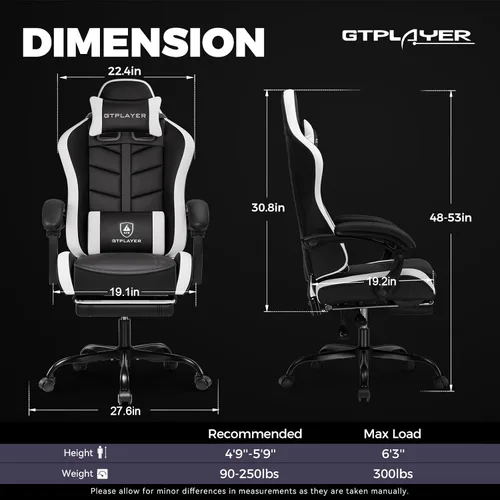Miniatura 3 de GTPLAYER Silla de juegos para adultos, silla ergonómica para juegos de computadora con reposapiés, altura ajustable, reclinación de 90-155° y Blanco