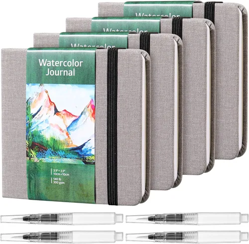 Dispowreath Juego de 4 cuadernos de bocetos de acuarela con bolígrafos de pincel de acuarela, papel de algodón de 300 GSM, cuaderno portátil Blanco