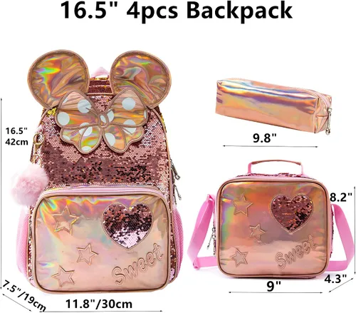 Miniatura 8 de Mochila para niñas de 16 pulgadas, mochilas para niñas para la escuela, mochila de lentejuelas con lonchera para estudiantes de primaria