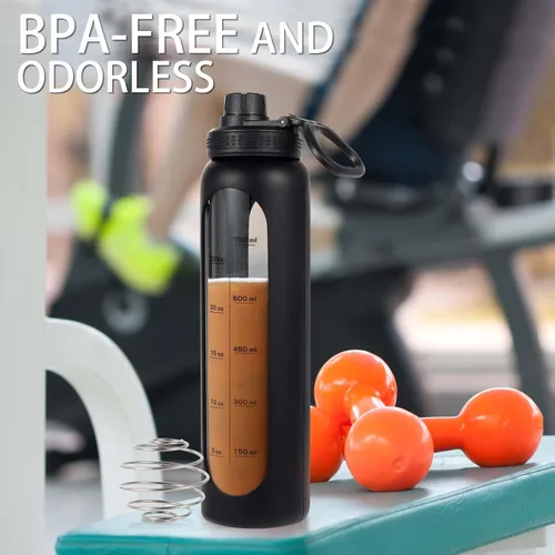 Miniatura 5 de Botella agitadora de vidrio de 34 oz/1 L, botella mezcladora de proteínas de vidrio negro con bola agitadora, botellas grandes para mezclas