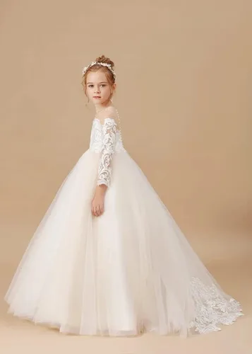 Miniatura 5 de Melinda - Vestidos de flores para niñas, apliques de encaje, tul de manga larga, vestido largo de princesa para boda, concurso