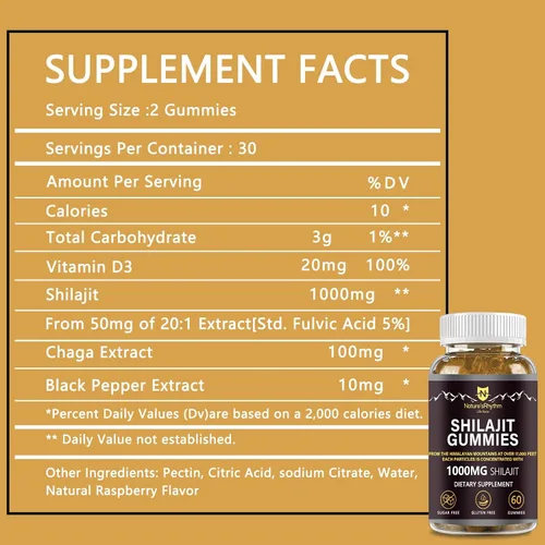 Miniatura 2 de Nature's Rhythm - Gomitas Shilajit de 1000 mg con ácido fúlvico 60 gomitas para apoyo energético e inmunidad para hombres y mujeres Ricas en más
