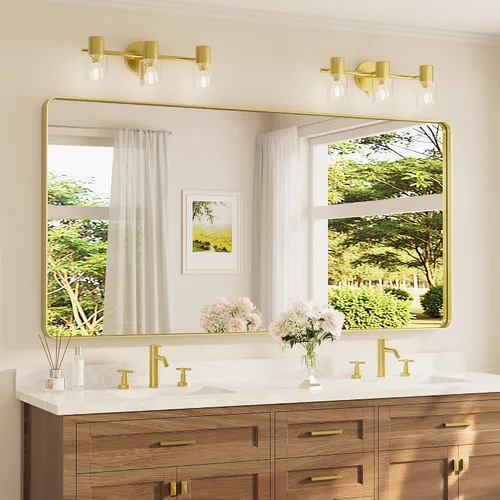 Miniatura 110 de TETOTE Espejo de marco dorado cepillado de 16 x 24 pulgadas, espejo de tocador de baño de latón dorado para pared, espejo enmarcado rectangular