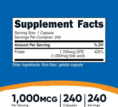 Miniatura 2 de Nutricost ácido fólico (Vitamina B9) 1000 mcg, 240 Cápsulas, 1 botella, 1