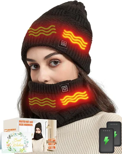 Sombrero calefactable - Juego de bufanda y sombreros calefactores para hombres y mujeres, batería de 4000 mAh, 3 controles de temperatura