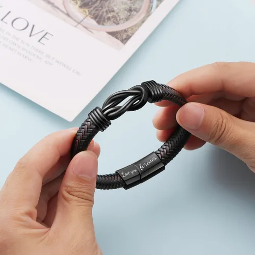 Miniatura 5 de Pulseras de nudo JoycuFF Regalos para hombres Marrón cuero trenzado acero inoxidable pulseras de infinito con inscripción Amor eterno Regalos