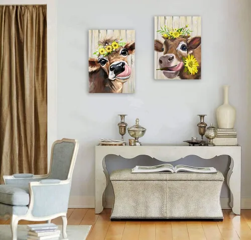 Miniatura 5 de Lienzo decorativo para pared, 2 piezas de vaca campestre con flores, girasol, lienzo, cuadros, rústico, lindo y humorístico, estampado de vaca