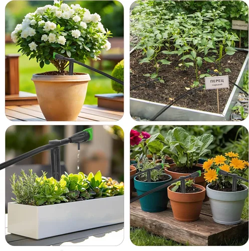 Miniatura 7 de Gotero de riego ajustable de flujo de agua con 30 emisores de goteo de riego, estacas de soporte, sistema de riego gotero para jardín, césped