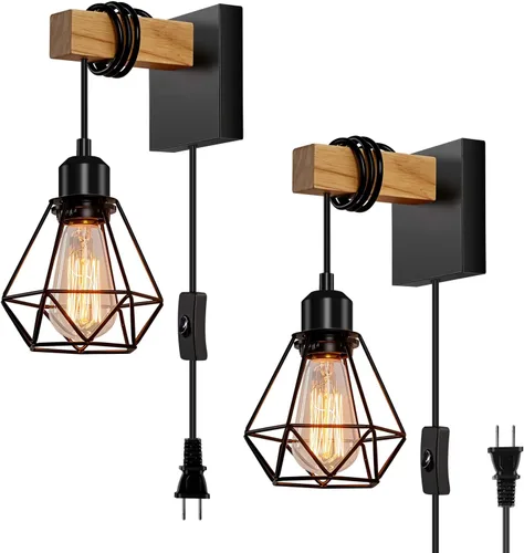 Miniatura 11 de Apliques de pared enchufables juego de dos, iluminación de pared estilo granja, lámpara de tocador negra para baño con pantalla de jaula metálica