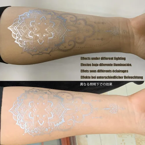 Miniatura 6 de Roarhowl Tatuajes temporales con destellos metálicos, oro, plata, adecuados para todos los tonos de piel (plateado 3)